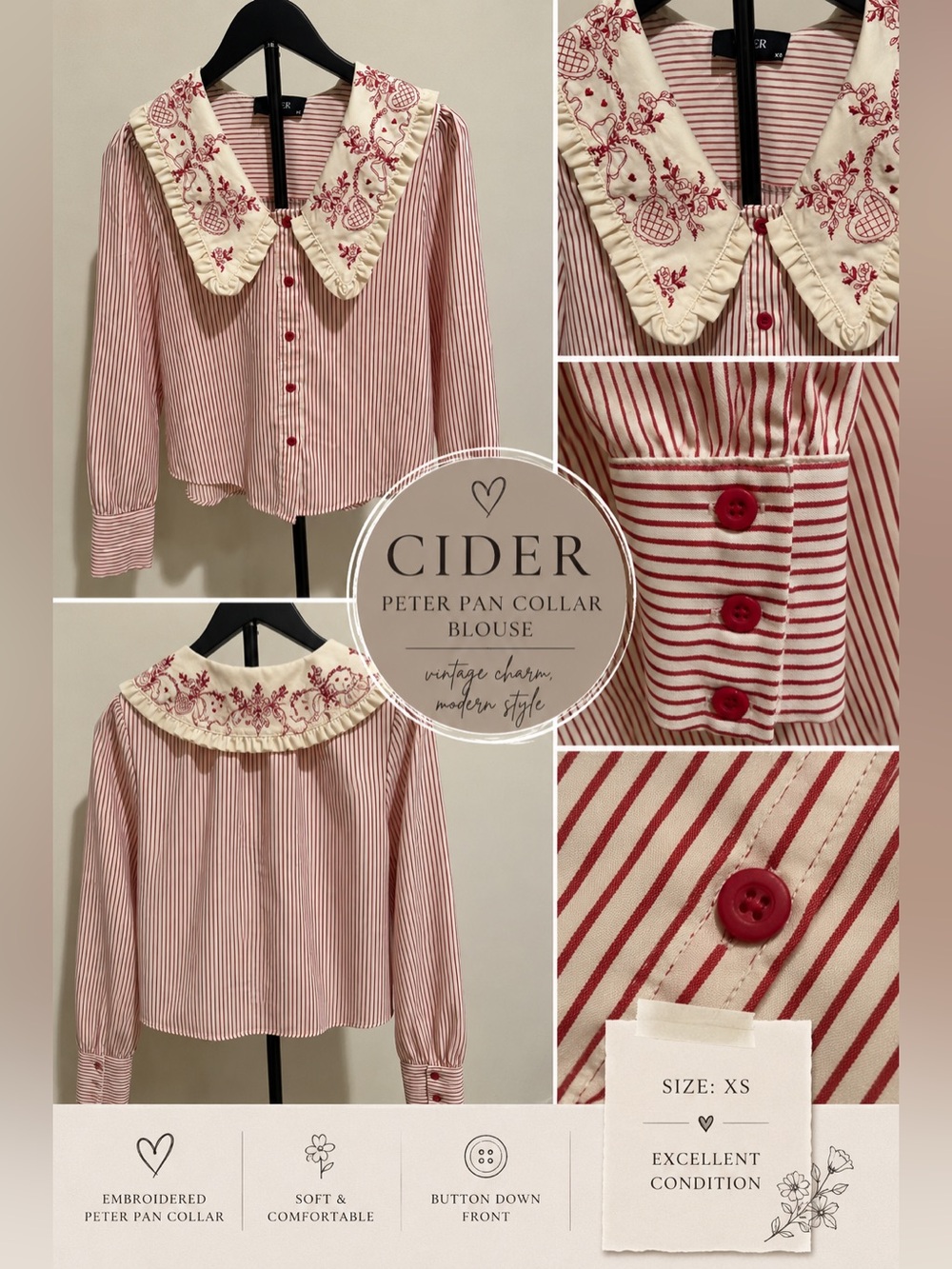 CIDER XS Red White Striped Embroidered Peter Pan Collar Blouse Coquette Cottagec